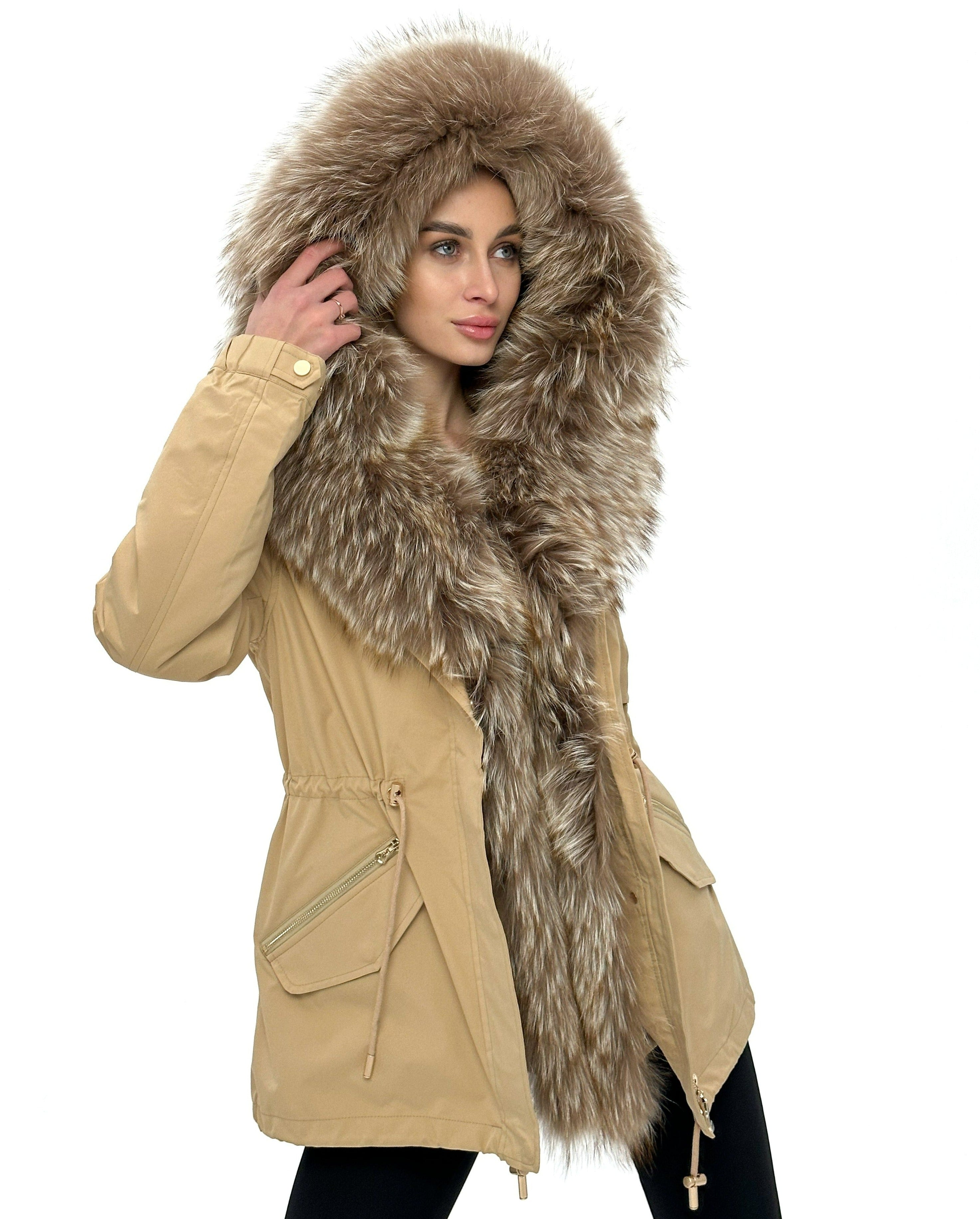 Genuine Silver Fur Trim Parka with Rabbit Fur Insulation Khaki