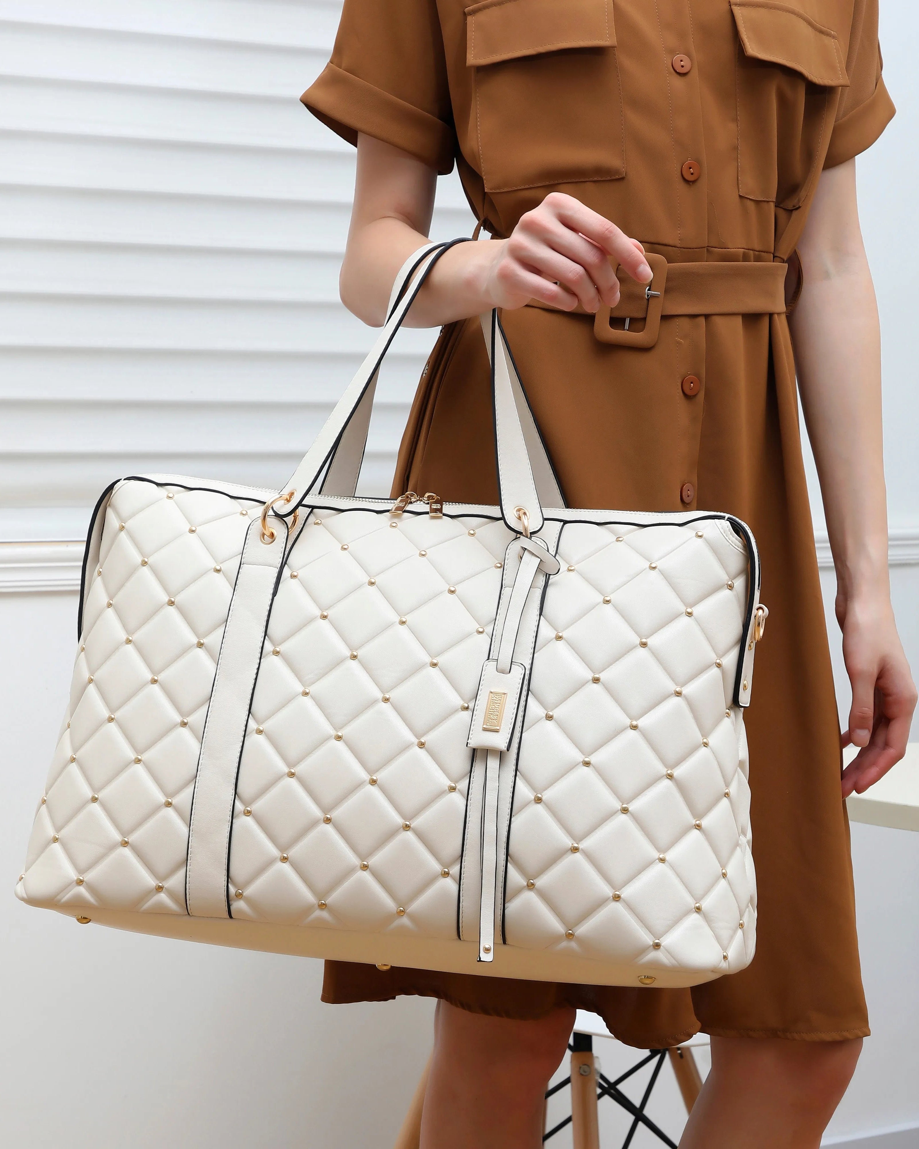 Diamond Quilted Vegan Leather Weekender Tote Bag