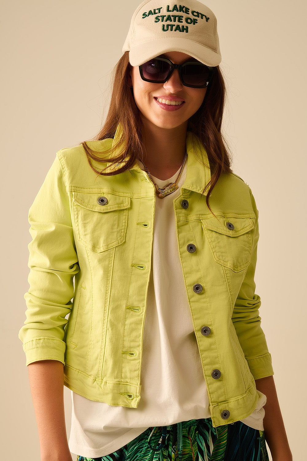 Basic Denim Elastic Jacket with Pockets in Lime