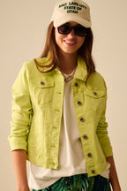 Basic Denim Elastic Jacket with Pockets in Lime