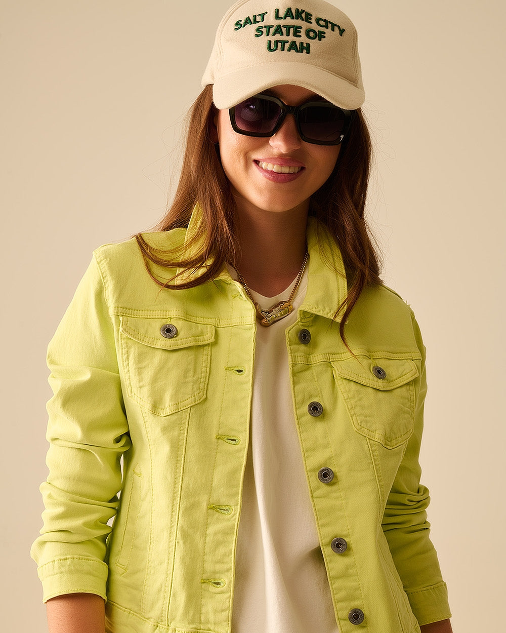 Basic Denim Elastic Jacket with Pockets in Lime