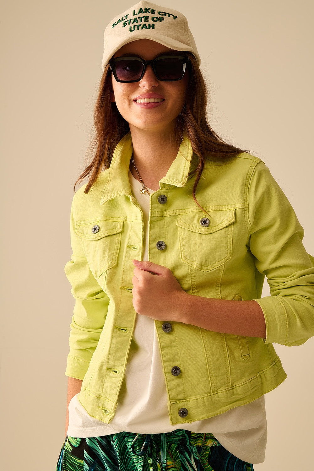 Basic Denim Elastic Jacket with Pockets in Lime