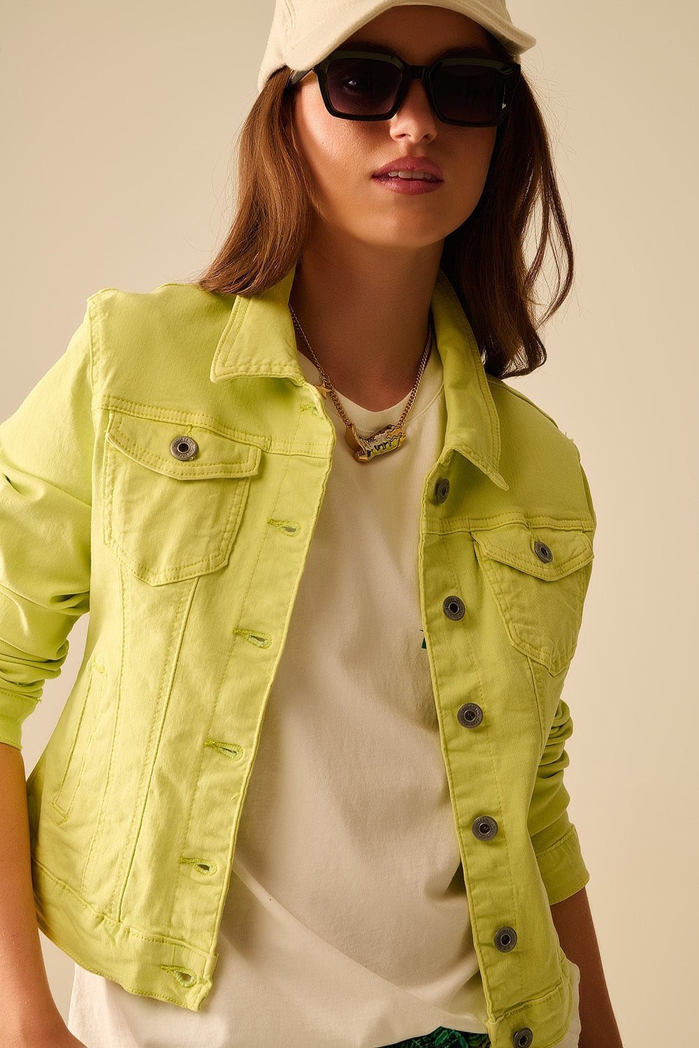 Basic Denim Elastic Jacket with Pockets in Lime