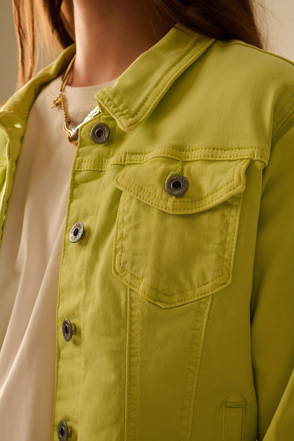 Basic Denim Elastic Jacket with Pockets in Lime