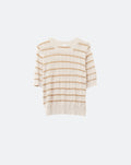 Beige Openwork Knit Top with Short Sleeves and Gold Stripes