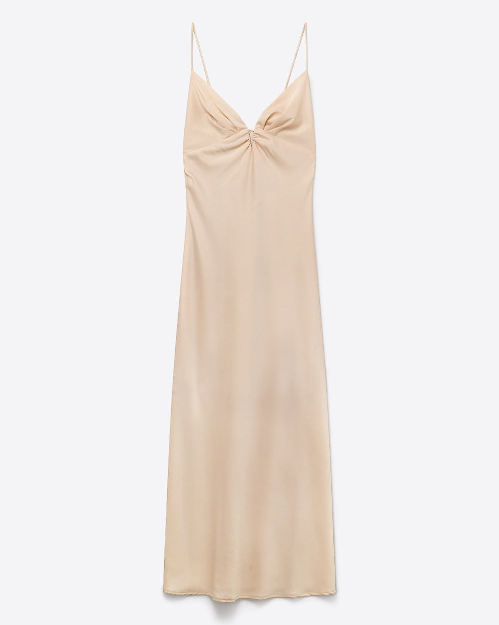 Beige Satin Slip Maxi Dress with Delicate Spaghetti Straps