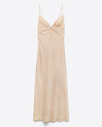 Beige Satin Slip Maxi Dress with Delicate Spaghetti Straps