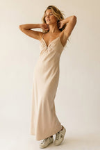 Beige Satin Slip Maxi Dress with Delicate Spaghetti Straps
