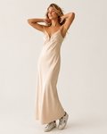 Beige Satin Slip Maxi Dress with Delicate Spaghetti Straps