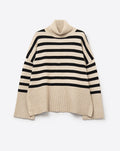 Beige Oversized Turtleneck Sweater with Black Stripes and Splits on the Side