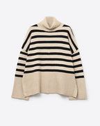 Beige Oversized Turtleneck Sweater with Black Stripes and Splits on the Side