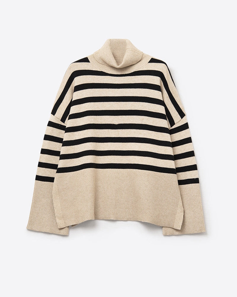 Beige Oversized Turtleneck Sweater with Black Stripes and Splits on the Side