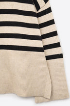 Beige Oversized Turtleneck Sweater with Black Stripes and Splits on the Side