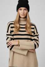Beige Oversized Turtleneck Sweater with Black Stripes and Splits on the Side