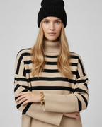 Beige Oversized Turtleneck Sweater with Black Stripes and Splits on the Side