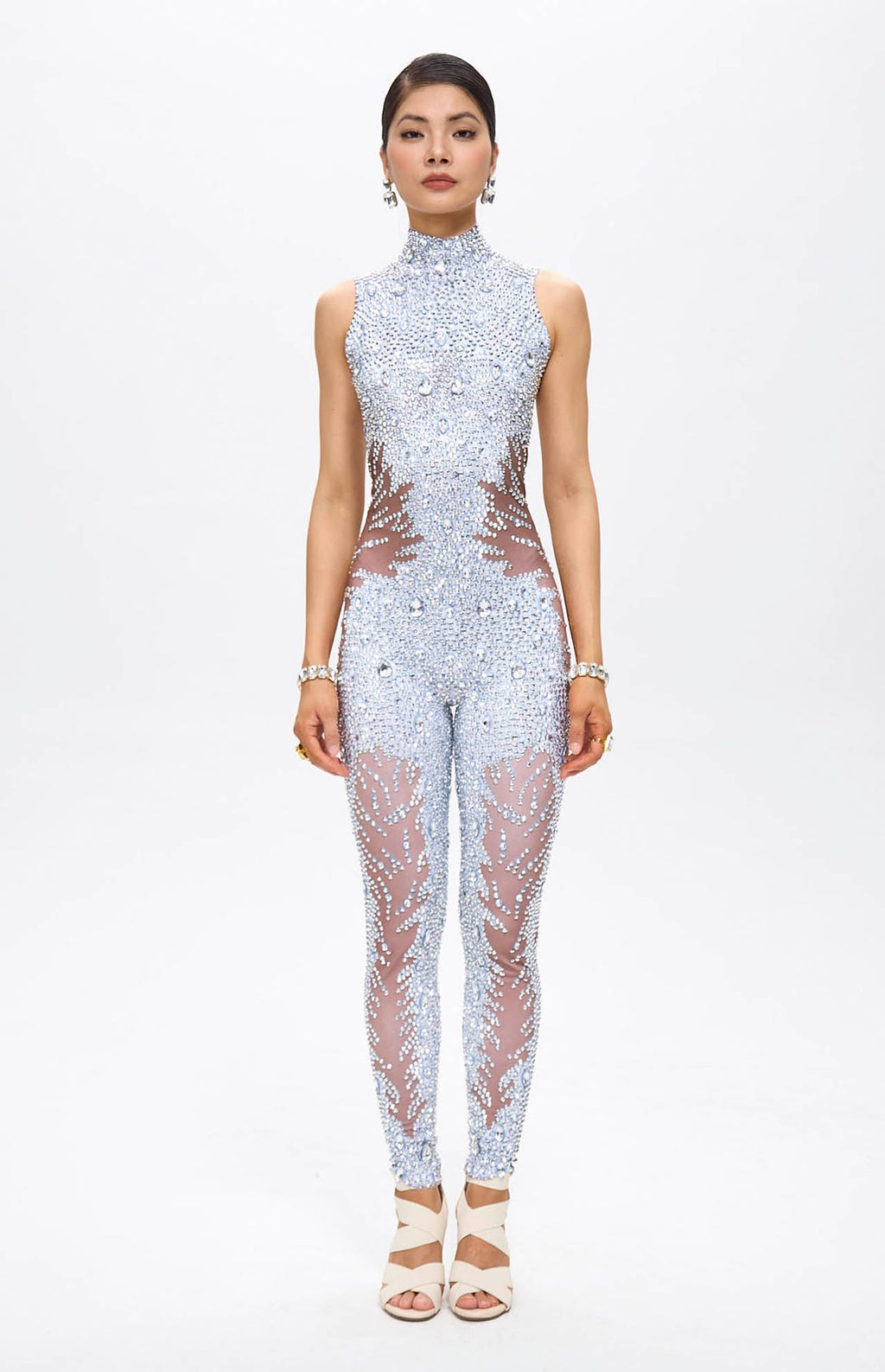 Beyo Diamante Embellished Crystal Mesh Catsuit