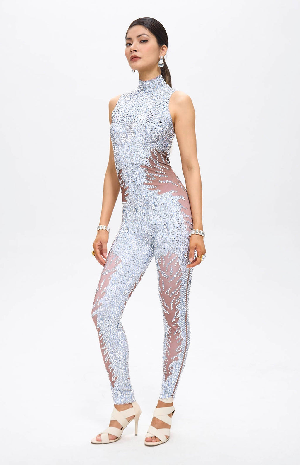 Beyo Diamante Embellished Crystal Mesh Catsuit