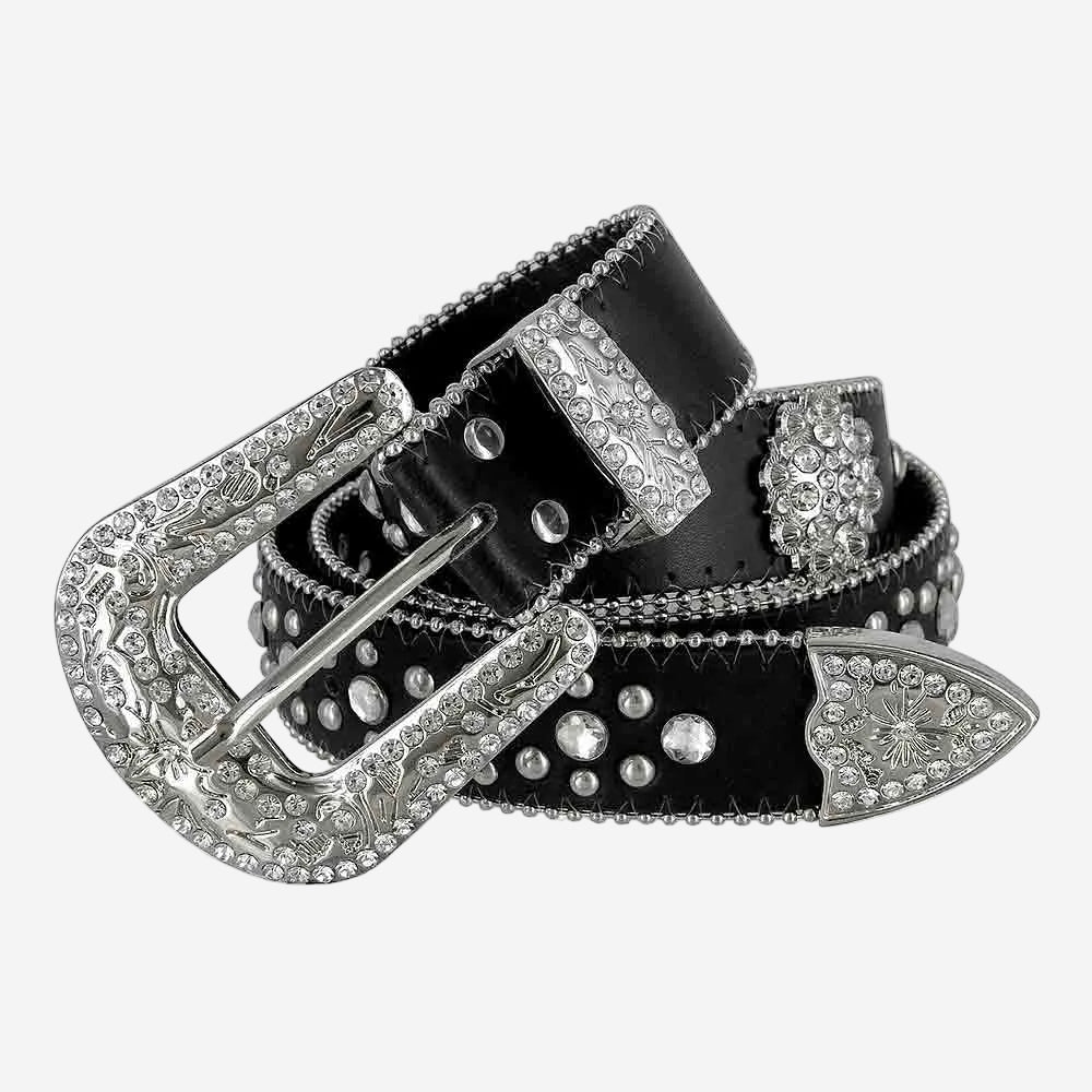 Black Flower with Studs and White Stones Studded Rhinestones Belts