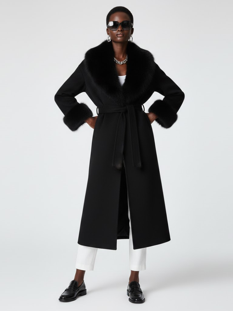 Black Long Coat with Faux Fur Collar CADMAN PLAZA: New Collection COUTURE in BROOKLYN | BYMANYC ® New York