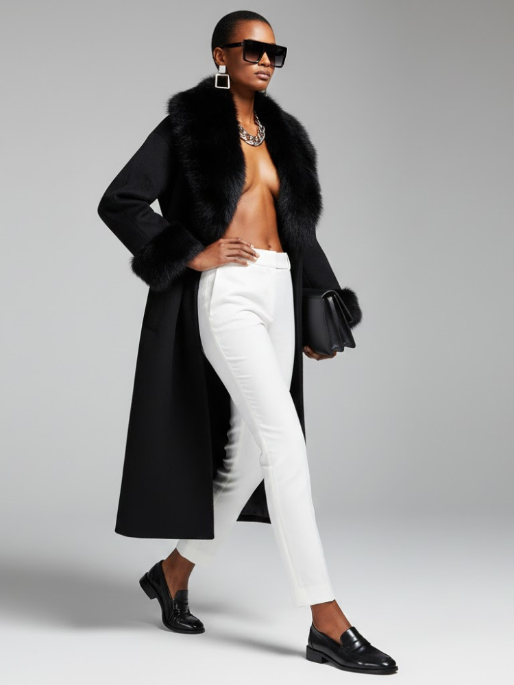 Black Long Coat with Faux Fur Collar CADMAN PLAZA: New Collection COUTURE in BROOKLYN | BYMANYC ® New York
