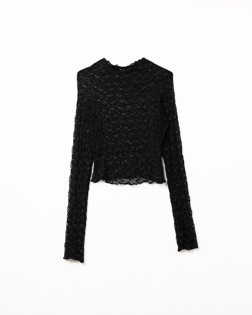 Black Cropped Lace T-Shirt with Long Sleeves