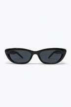 Black Glossy Cat Eye Metal Logo Detail Slim Sunglasses