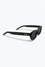 Black Glossy Cat Eye Metal Logo Detail Slim Sunglasses