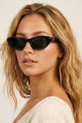 Black Glossy Cat Eye Metal Logo Detail Slim Sunglasses