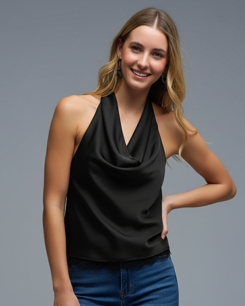Black Satin Halter Top with Draped Neckline
