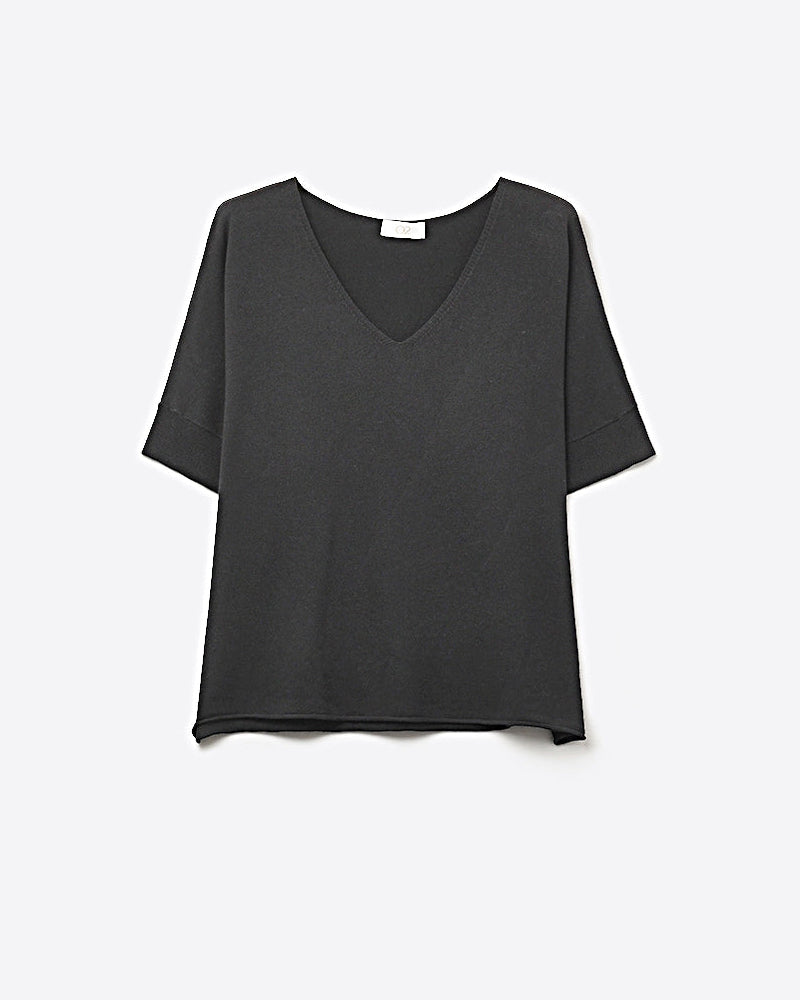 Black V-Neck Relaxed Fit Short Sleeve Top