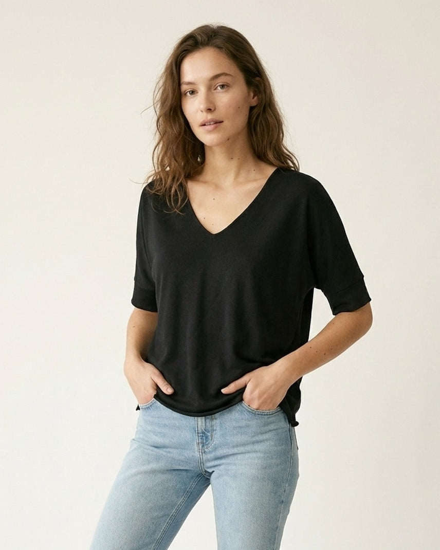 Black V-Neck Relaxed Fit Short Sleeve Top