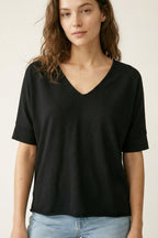 Black V-Neck Relaxed Fit Short Sleeve Top