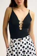 Black Gold Ring-Detail V-Neck Bodysuit in Elastic Fabric