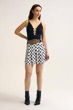 Black Gold Ring-Detail V-Neck Bodysuit in Elastic Fabric