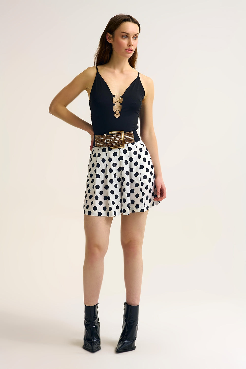 Black Gold Ring-Detail V-Neck Bodysuit in Elastic Fabric