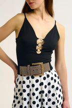 Black Gold Ring-Detail V-Neck Bodysuit in Elastic Fabric