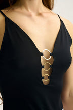 Black Gold Ring-Detail V-Neck Bodysuit in Elastic Fabric