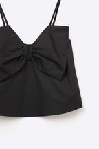 Black Poplin Crop Top with Bow Detail