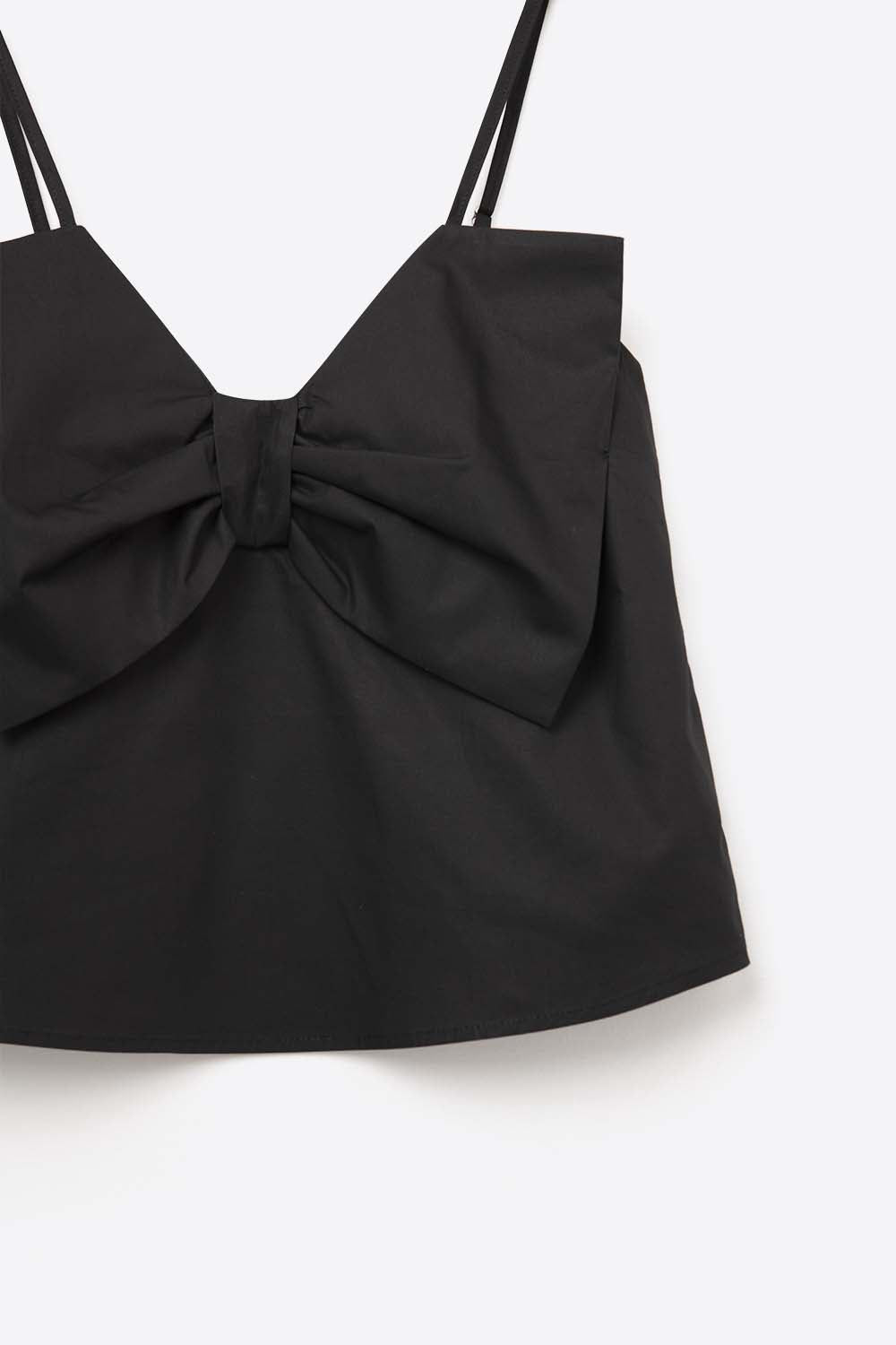 Black Poplin Crop Top with Bow Detail
