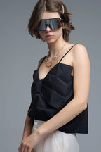 Black Poplin Crop Top with Bow Detail