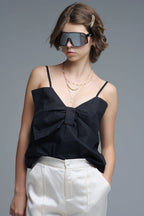 Black Poplin Crop Top with Bow Detail