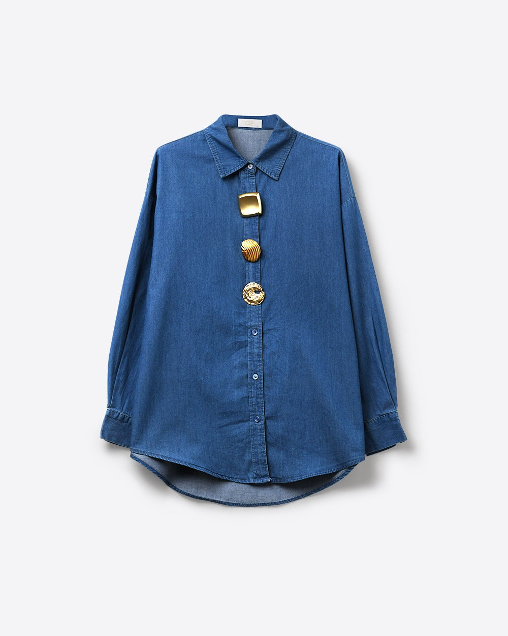 Blue Denim Oversize Shirt with Statement Gold Buttons