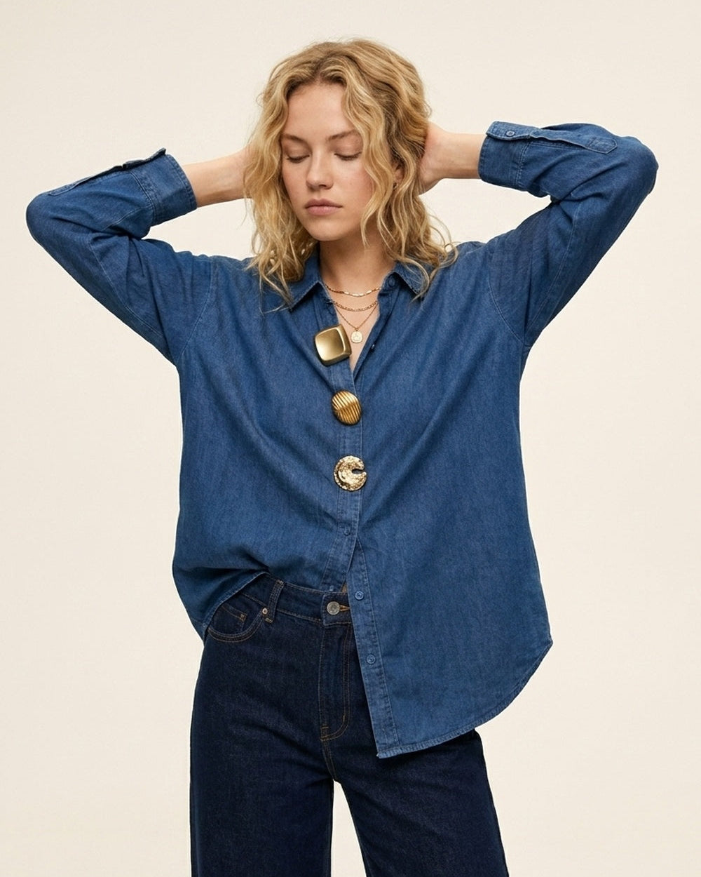 Blue Denim Oversize Shirt with Statement Gold Buttons