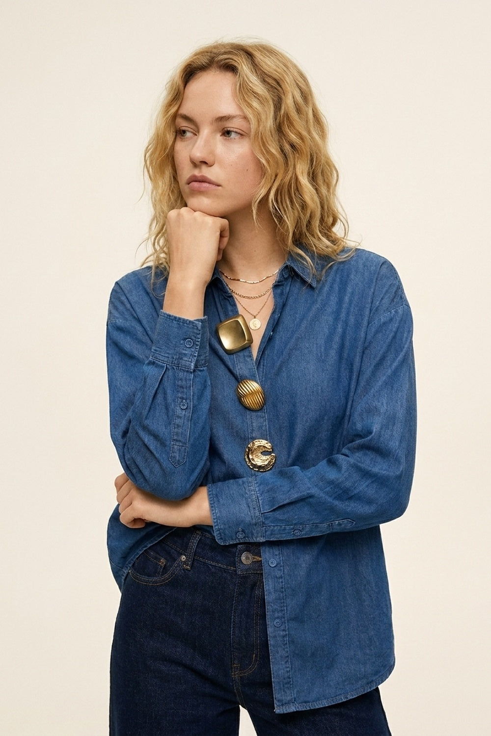 Blue Denim Oversize Shirt with Statement Gold Buttons