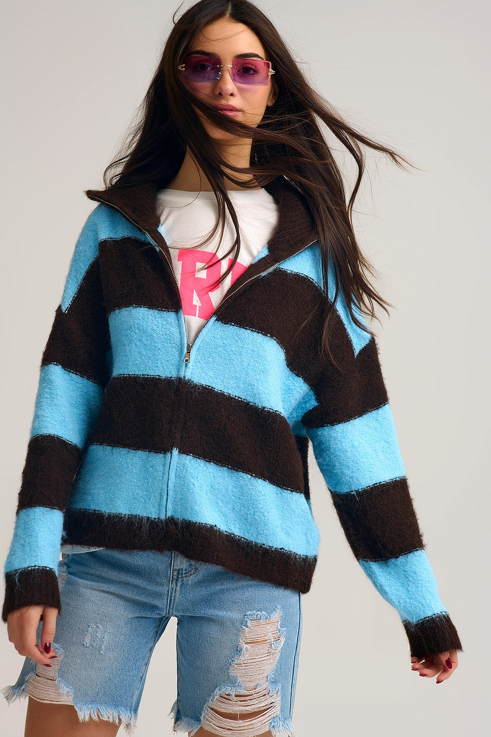 Blue Fluffy Knitted Zip-Up Jacket with Brown Stripes