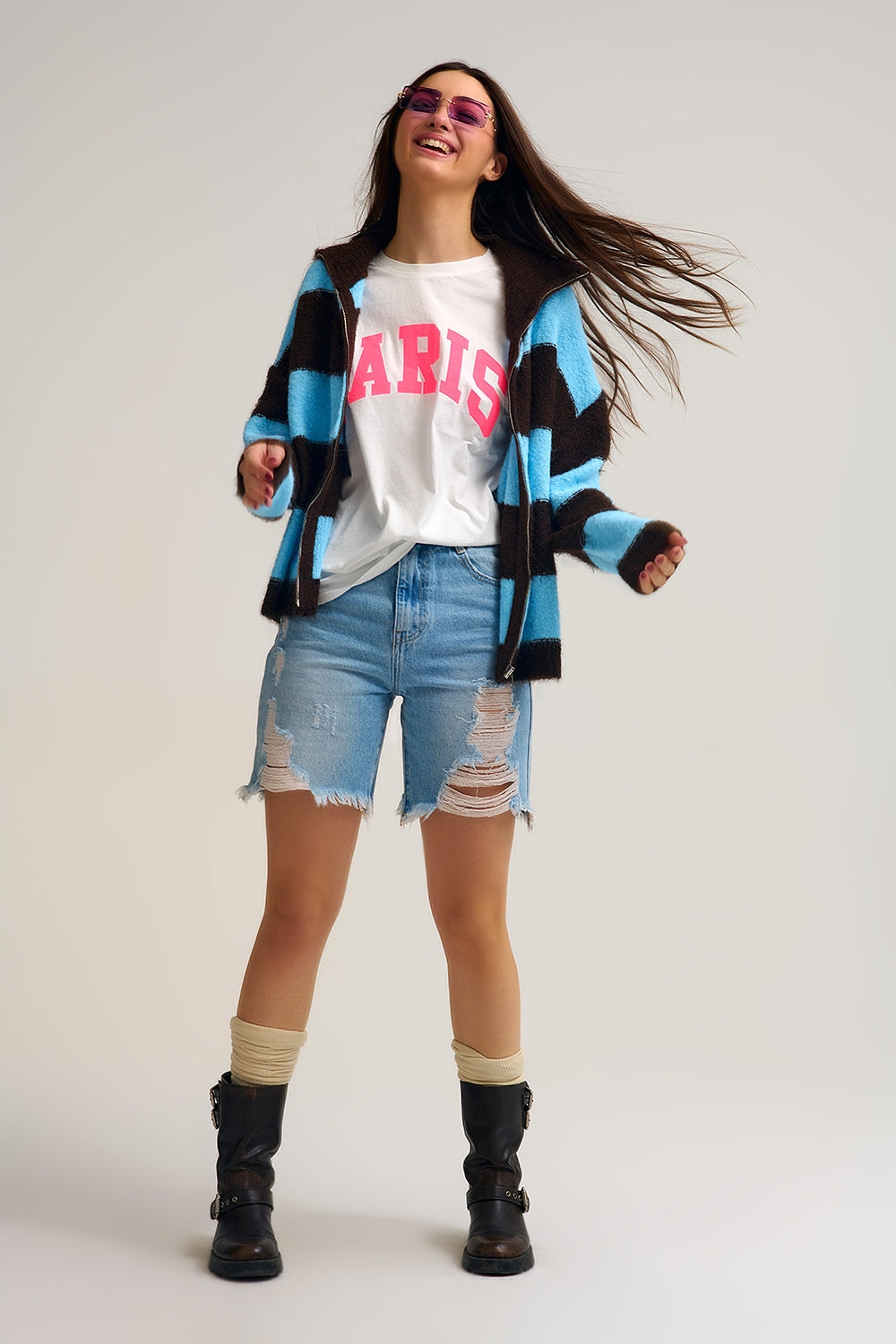 Blue Fluffy Knitted Zip-Up Jacket with Brown Stripes