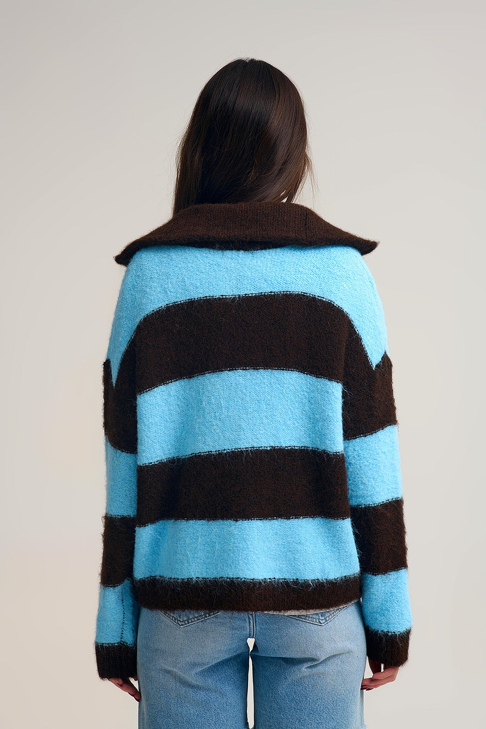 Blue Fluffy Knitted Zip-Up Jacket with Brown Stripes