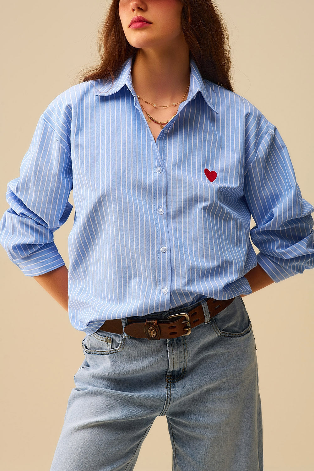 Blue Striped Shirt with Red Heart Embroidery