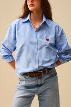 Blue Striped Shirt with Red Heart Embroidery