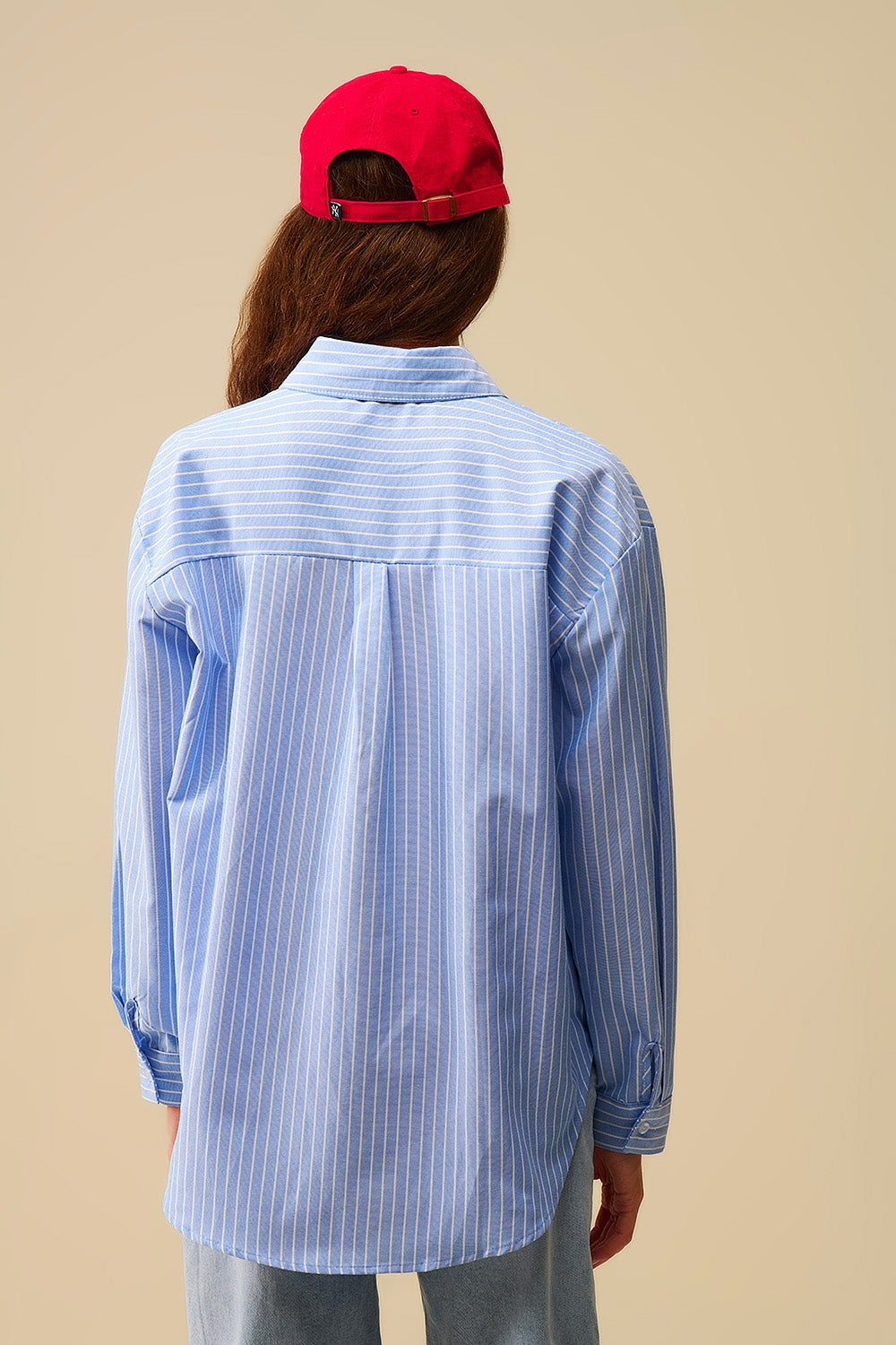 Blue Striped Shirt with Red Heart Embroidery
